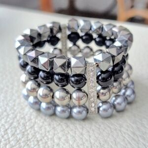 Goth Vamp Black and Silver Mutli-Stand Stretch Bracelet Gemstones